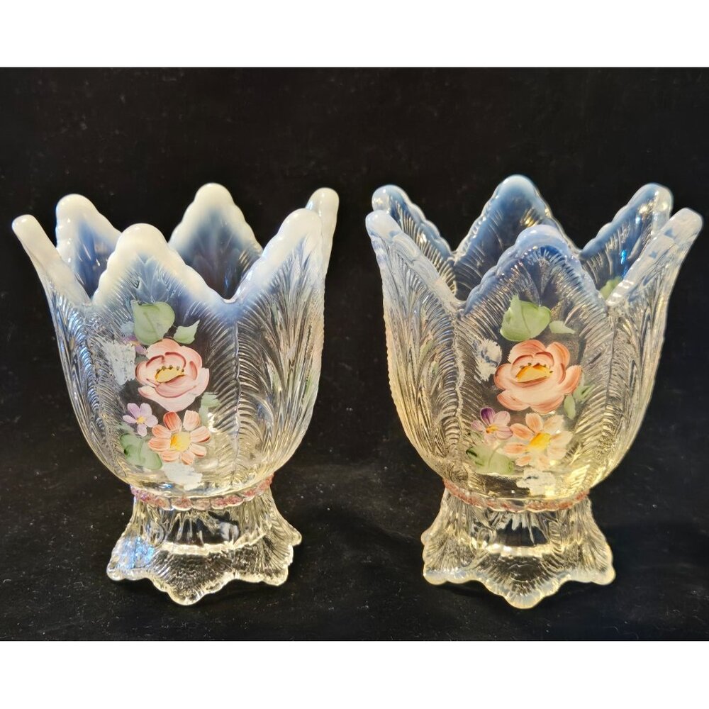 Vintage Hand-Painted Clear Glass Tulip-Style Candle Holders With Floral Design